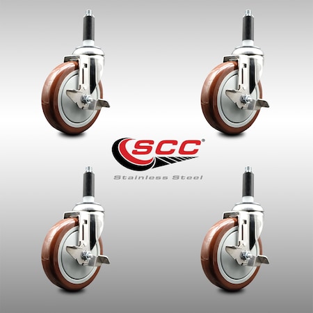 Service Caster 5 Inch 316SS Maroon Poly Swivel 3/4 Inch Expanding Stem Caster Set Brake SCC SCC-SS316EX20S514-PPUB-MRN-TLB-34-4